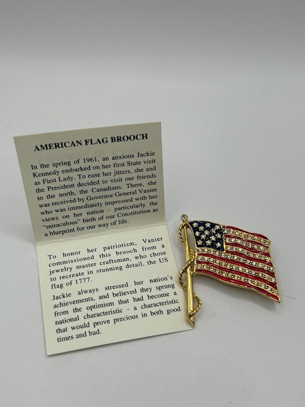 Vintage Jackie Kennedy Camrose & Kross American Flag Brooch JBK w/ Booklet
